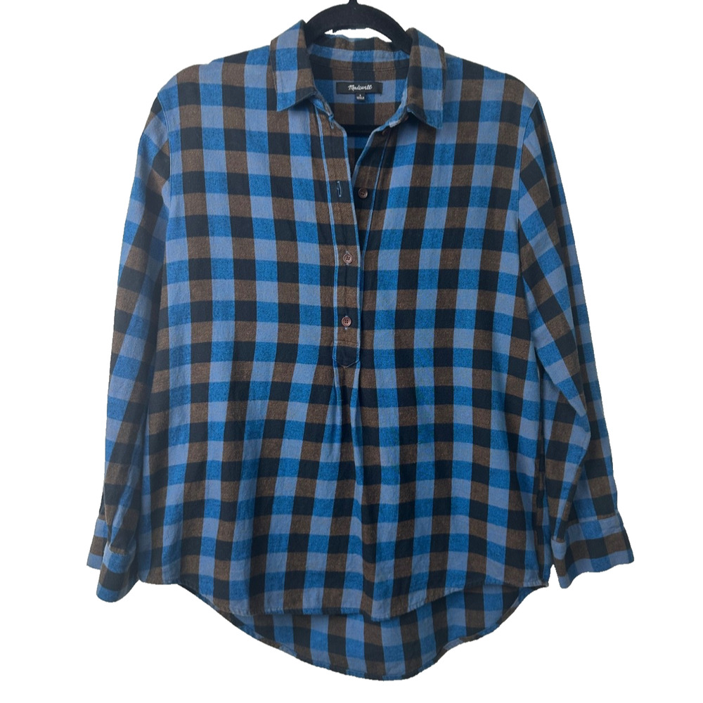 Madewell Flannel Popover Shirt in Blue/Brown Plaid Size S Long Sleeve Soft A39
